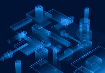 Wall Mural - Cyber blue isometric neon city virtual reality background. Abstract technology innovation future digital background. 3d rendering.