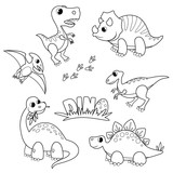 Fototapeta Dinusie - Set of cartoon dinosaurs. Cute dino. Black and white vector illustration for coloring book
