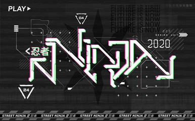 Retrofuturistic Ninja lettering design for t-shirt and merch. Vaporwave and synthwave 80s-90s. Trendy digital poster glitch and vhs style. HUD cyberpunk interface. Elements design of the future