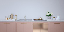 Rose Gold Color Kitchen Interior With White Wall,white Countertops.A Close Up.3d Rendering Mock Up