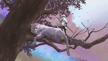 Little Girl With A Magic Spear Standing Near Her Tiger On A Big Tree, Digital Art Style, Illustration Painting