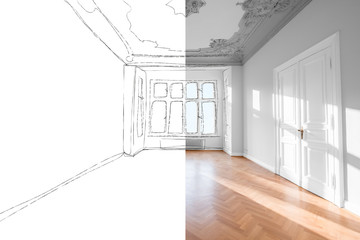 Wall Mural - flat renovation, photo and sketch of renovated room