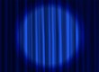 © YummyBuum - Stage blue curtain. Theatrical or cinema cloth luxury silk elegant closed curtains with spotlight vector background