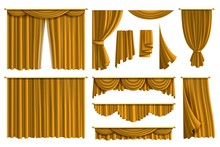 Realistic Golden Curtains. Luxury Fabric Silk Curtain For Theatre Or Window Decoration In Interior Isolated Vector Set