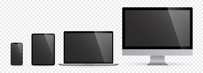Poster - Realistic set of computer monitors desktop laptop tablet and phone with black screen and checkerboard background. Isolated illustration vector illustrator Ai EPS