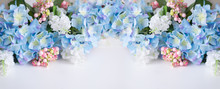 Flower Frame, Banner. Postcard With Blue Hydrangea Flowers On A White Background. Space For Text.