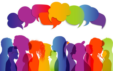 Poster - Crowd talking. Dialogue group different people different cultures. Communication between people. Silhouette profiles that speak. Rainbow colors. Speech bubble. To communicate. Interview