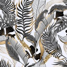 Seamless Pattern With Black And White Tropical Leaves And Golden Elements. Vector.