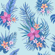 Tropic seamless pattern with plumeria, orchid and tropical leaves. Summer decoration print for wrapping, wallpaper, fabric. Seamless vector texture. Tropical bouquet flowers.