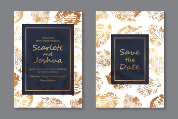 Set of luxury wedding invitation design or greeting card templates with golden leaves prints on a white and navy blue background.