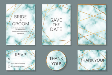 Wall Mural - Set of luxury wedding invitation design, rsvp, thank you or greeting card templates with golden lines on a white and turquoise marble textured background or clouds.