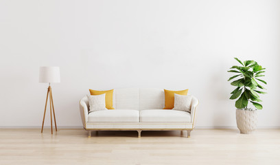 Wall Mural - bright modern living room with white sofa, floor lamp and green plant on wooden laminate. scandinavi
