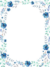Floral Frame Template With Blue Flowers And Swirly Leaves On White Background.