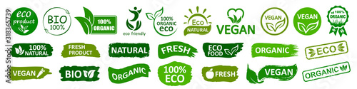 Fotografía Organic natural bio labels set icon, healthy foods badges, fresh eco vegetarian