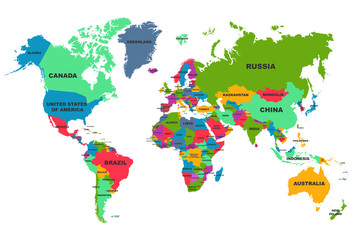 Wall Mural - political world map, colourful world countries and country names, continents of the planet - stock v