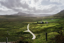 Windy Road In Beautiful Green Farm Landscape Of Scotland