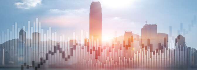 Trading investment chart graph city skyline view double exposure website panoramic header banner