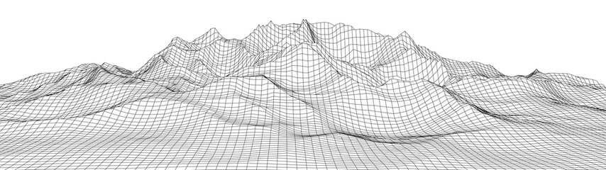 Vector wireframe 3d landscape. Technology grid illustration. Network of connected dots and lines.