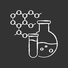 Sticker - Chemistry chalk white icon on black background. Science and medicine research. Biochemistry and pharmacology. Protein molecules, cells connection. Isolated vector chalkboard illustration