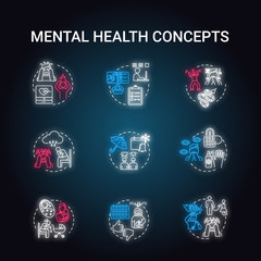 Sticker - Mental health neon light concept icons set. Panic attacks, depression, phobias, paranoia, stress. Personality disorder idea. Glowing vector isolated RGB color illustration