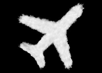 Wall Mural - Plane icon shape made of clouds on black background ready for mask or blending modes