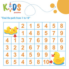 Find the path from 1 to 10. Easy colorful math worksheet practice for kids in preschool, elementary and middle school.