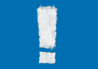 Wall Mural - Exclamation mark font symbol shape element made of clouds on blue background over sky