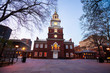 canvas print picture - Illuminated Independence Square and Hall during evening dusk time in Philadelphia building where the United States Constitution was signed