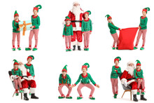 Collage With Santa Claus And Little Elf Kids On White Background