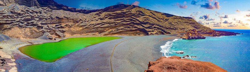 Wall Mural - Canary island and Spanish beach.Scenic landscape Green lake in El Golfo, Lanzarote island, Spain