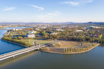 Wall Mural - Panoramic aerial view of Lake Burley Griffin and Commonwealth Bridge in Canberra, the capital of Australia