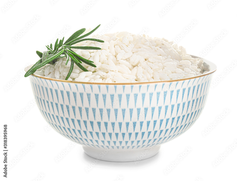 Bowl with boiled rice on white background