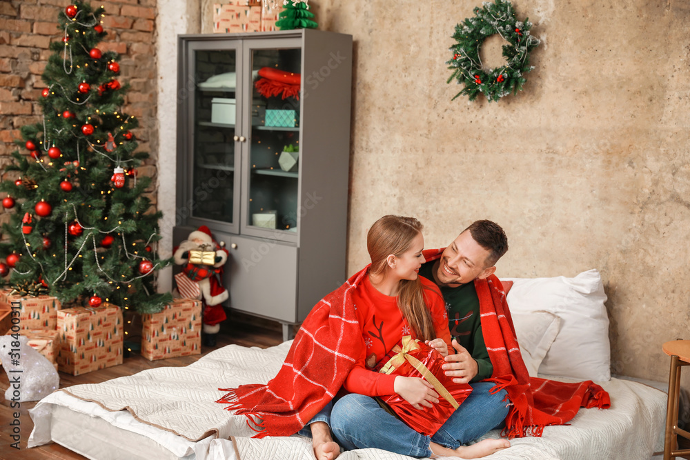 Happy couple with Christmas gift at home