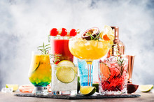 Selection Of Summer Alcoholic Cocktails, Popular Bright Refreshing Alcohol Drinks And Beverages