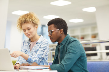 Wall Mural - Portrait of two students pointing at laptop screen while working on project in college library, copy space