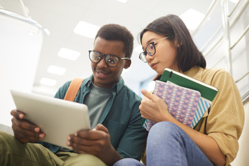 Wall Mural - Portrait of two international students reading books together while working on project in modern college library