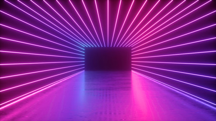 3d rendering, abstract neon background, empty square tunnel with pink glowing lines, long corridor, road, performance stage, floor reflection, ultraviolet light