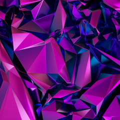 Wall Mural - 3d render, abstract purple crystal background, polygonal faceted structure, metallic texture, iridescent crystallized wallpaper, crumpled holographic foil, neon spectrum, vivid palette