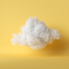 Wall Mural - 3d render, white fluffy cloud levitating inside the room. Object isolated yellow background, modern design, abstract metaphor.