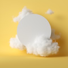 Wall Mural - 3d render, white fluffy clouds flying around empty round frame. Modern minimal design. Blank banner board, copy space. Objects isolated on yellow background, abstract metaphor