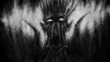 Scary demon face with wings. Black and white. Genre of horror fantasy. Creepy character head for Halloween illustration. Coal and noise effect.