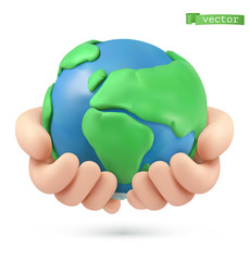 planet earth in hands icon. 3d vector object. handmade plasticine art illustration