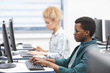 Wall Mural - Side view portrait of African-American man using computer in class of college library, copy space