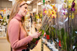 Charismatic girl buying orchid flower in flower shop