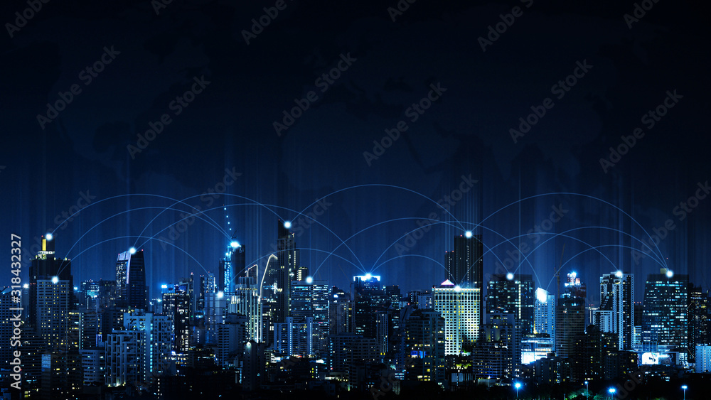Technology future smart city and wireless communication network connection concept - obrazy, fototapety, plakaty 