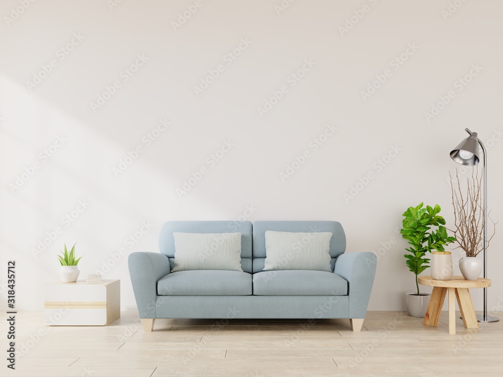 Modern living room interior with sofa and green plants,lamp,table on white wall background. - obrazy, fototapety, plakaty 