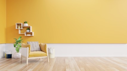 living room interior with yellow fabric armchair,lamp,book and plants on empty yellow wall backgroun