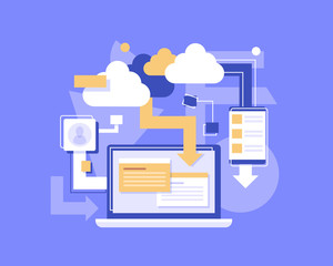 Poster - Cloud Computing Technology, Hosting, Cloud Management, Data Security, Server Storage, Api,,flat design icon vector illustration