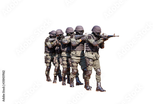 Fotomural commando with weapon during search terrorist,isolated on white bacground