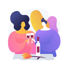 Couple On Romantic Date. Boyfriend And Girlfriend Drinking Wine In Restaurant, Celebrating Anniversary. Dating, Relationship, Valentine Day. Vector Isolated Concept Metaphor Illustration